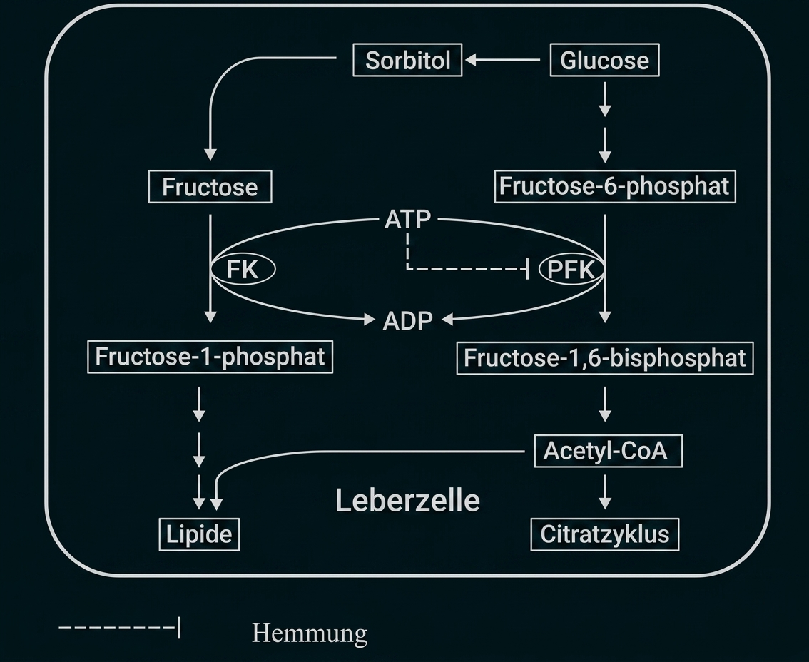 Schematische Darstellung des Fructose-/Glucose-Stoffwechsels in einer Leberzelle mit Enzymen, ATP-Regulation und Abzweigungen.